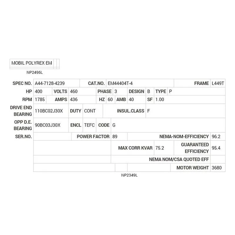EM44404T-4 Baldor 400 HP, 1785 RPM, 3 PH, 60 HZ, L449T, TEFC, F1 Motor Nameplate - view 2