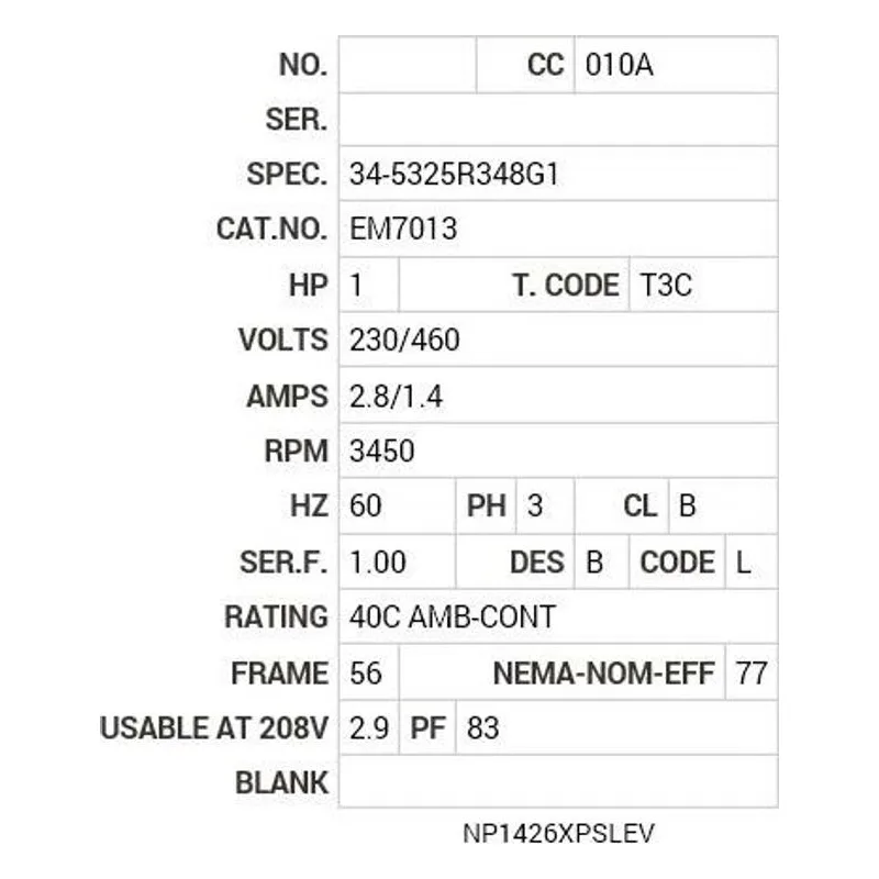 EM7013 Baldor 1 HP, 3450 RPM, 3 PH, 60 HZ, 56, 3418M, XPFC, F1, N Motor Nameplate - view 2