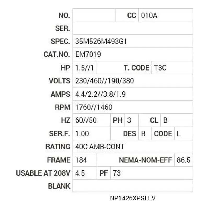 EM7019 Baldor 1.5//1 HP, 1760//1460 RPM, 3 PH, 60//50 HZ, 184 Motor Nameplate - view 2