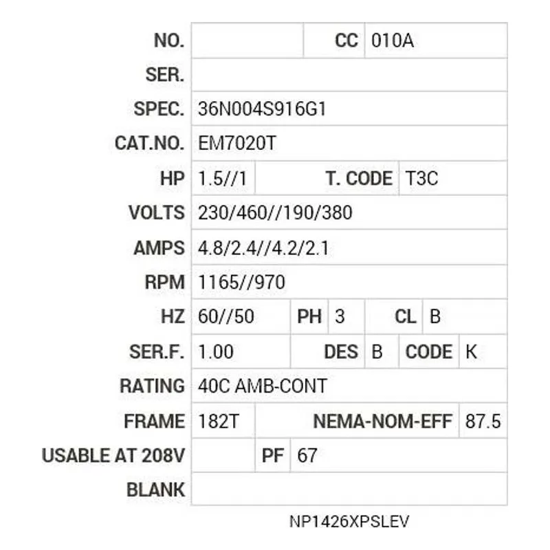 EM7020T Baldor 1.5 HP, 1170 RPM, 3 PH, 60 HZ, 182T, 3632M, XPFC, F Motor Nameplate - view 2