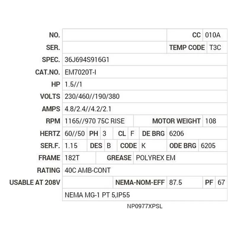 EM7020T-I Baldor 1.5//1 HP, 1165//970 75C RISE RPM, 3 PH, 60//5 Motor Nameplate - view 2