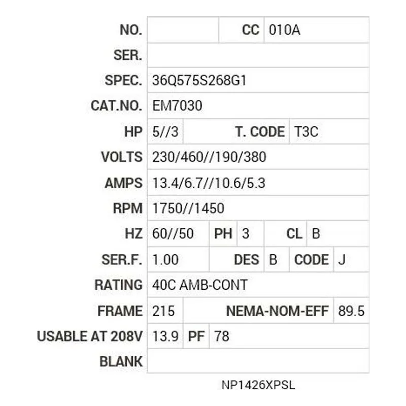 EM7030 Baldor 5//3 HP, 1750//1450 RPM, 3 PH, 60//50 HZ, 215, 36 Motor Nameplate - view 2
