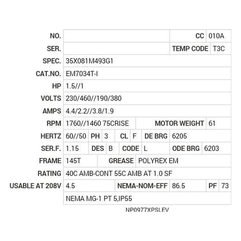 EM7034T-I Baldor 1.5//1 HP, 1760//1460 75CRISE RPM, 3 PH, 60//5 Motor Nameplate - view 2