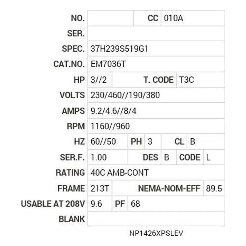 EM7036T Baldor 3//2 HP, 1160//960 RPM, 3 PH, 60//50 HZ, 213T, 37 Motor Nameplate - view 2