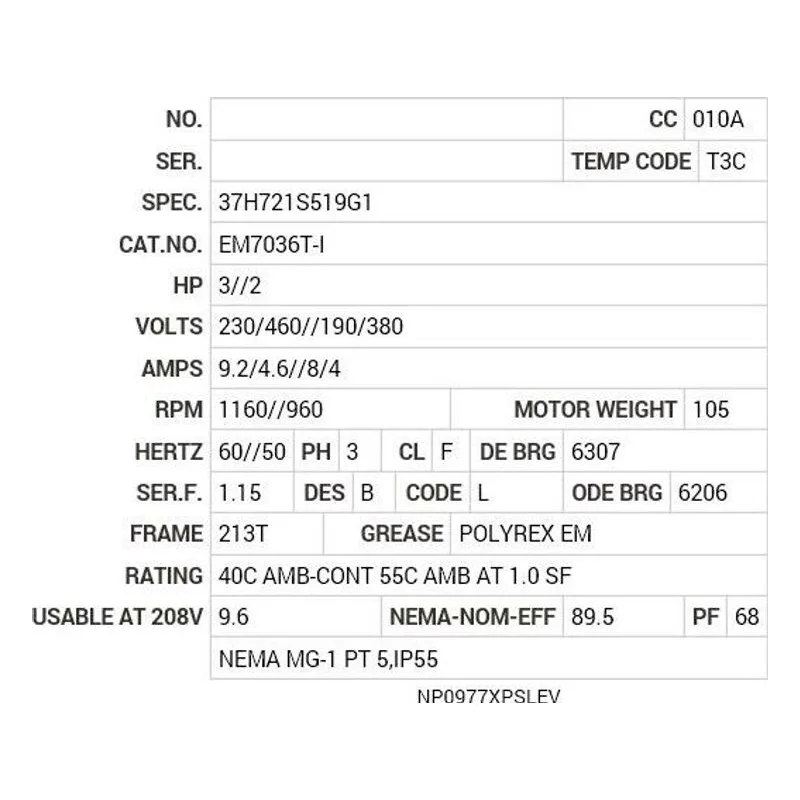 EM7036T-I Baldor 3//2 HP, 1160//960 RPM, 3 PH, 60//50 HZ, 213T, 37 Motor Nameplate - view 2