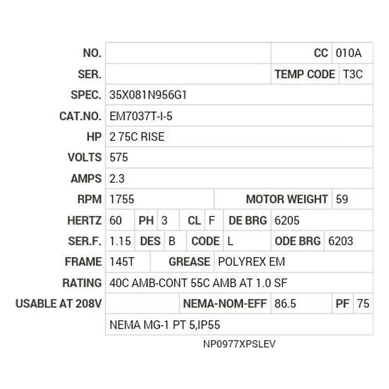 EM7037T-I-5 Baldor 2 75C RISE HP, 1755 RPM, 3 PH, 60 HZ, 145T, 3528M Motor Nameplate - view 2