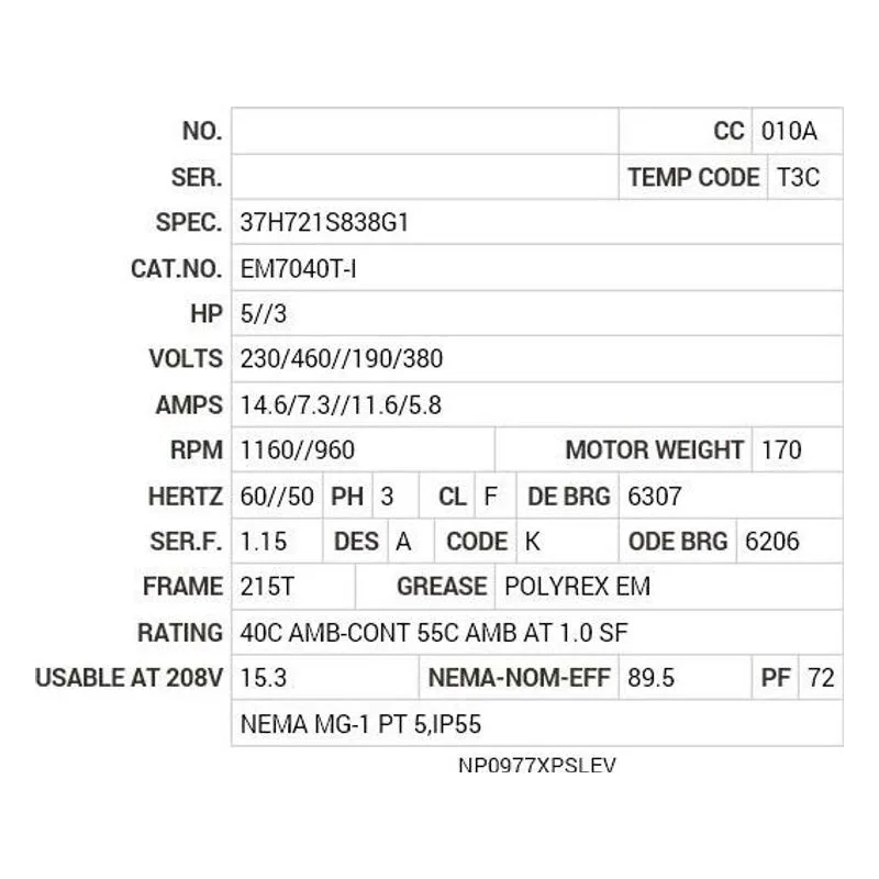 EM7040T-I Baldor 5//3 HP, 1160//960 RPM, 3 PH, 60//50 HZ, 215T, 37 Motor Nameplate - view 2