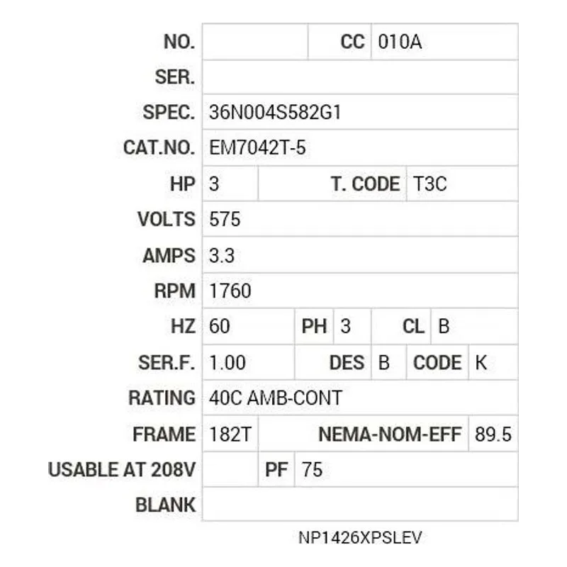 EM7042T-5 Baldor 3 HP, 1760 RPM, 3 PH, 60 HZ, 182T, 3631M, XPFC, F1 Motor Nameplate - view 2