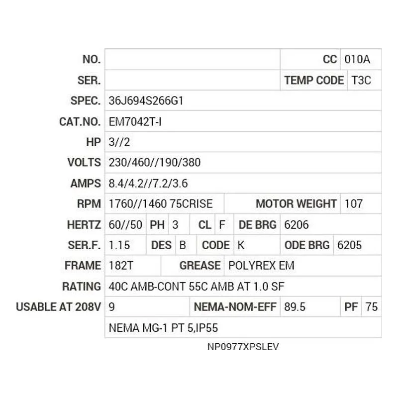 EM7042T-I Baldor 3//2 HP, 1760//1460 75CRISE RPM, 3 PH, 60//50H Motor Nameplate - view 2