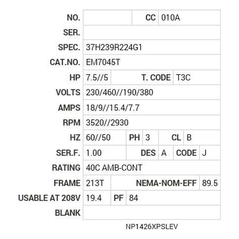 EM7045T Baldor 7.5//5 HP, 3520//2930 RPM, 3 PH, 60//50 HZ, 213T Motor Nameplate - view 2