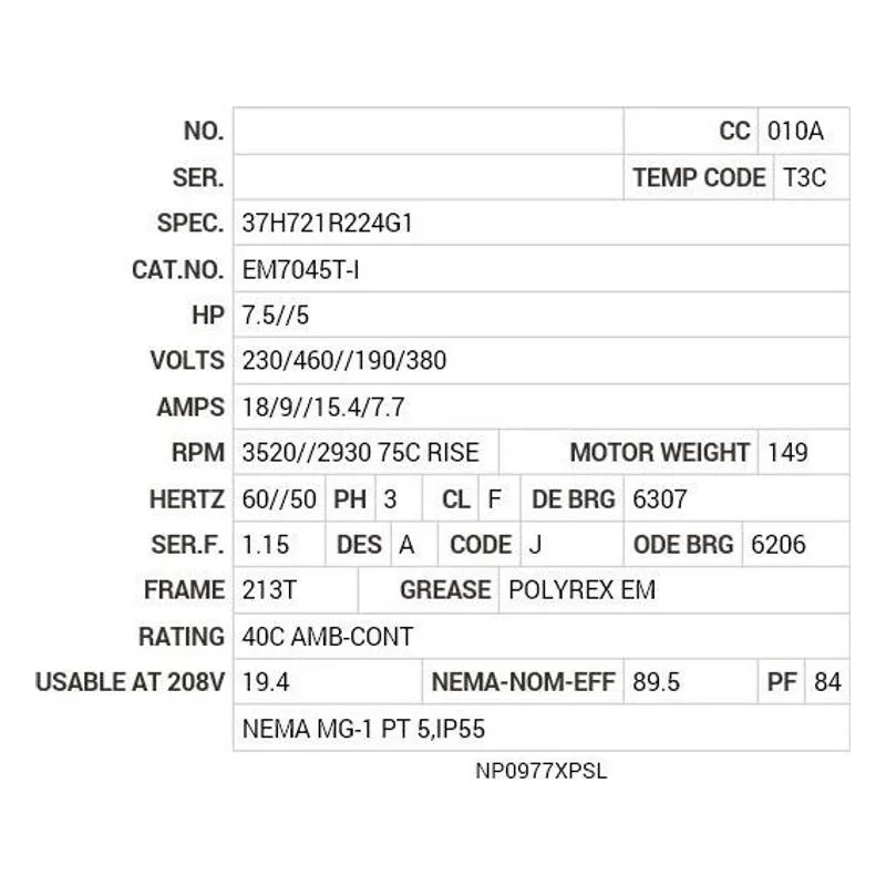 EM7045T-I Baldor 7.5//5 HP, 3520//2930 75CRISE RPM, 3 PH, 60//5 Motor Nameplate - view 2