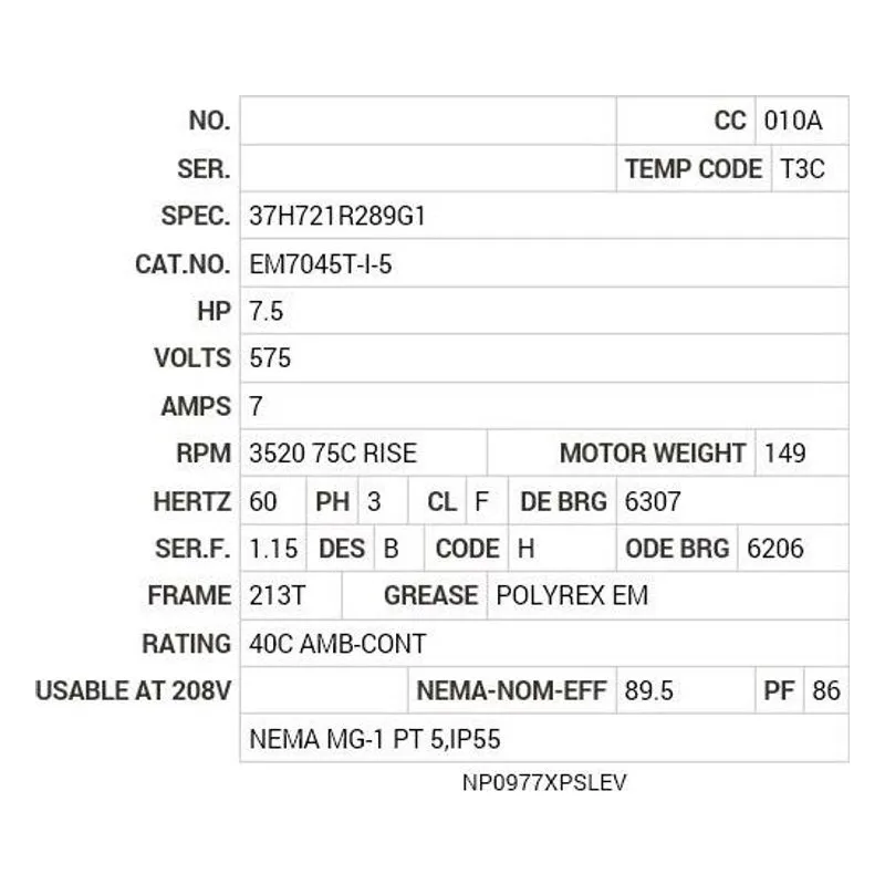 EM7045T-I-5 Baldor 7.5 HP, 3520 RPM, 3 PH, 60 HZ, 213T, 3728M, XPFC, F Motor Nameplate - view 2