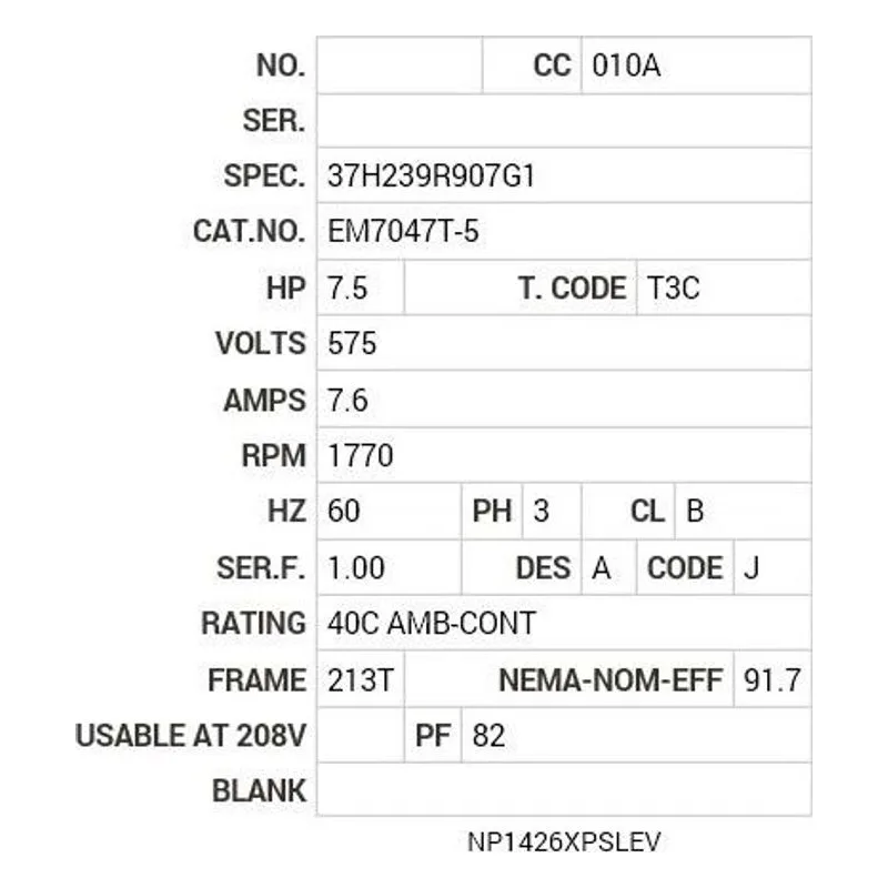EM7047T-5 Baldor 7.5 HP, 1770 RPM, 3 PH, 60 HZ, 213T, 3738M, XPFC, F Motor Nameplate - view 2