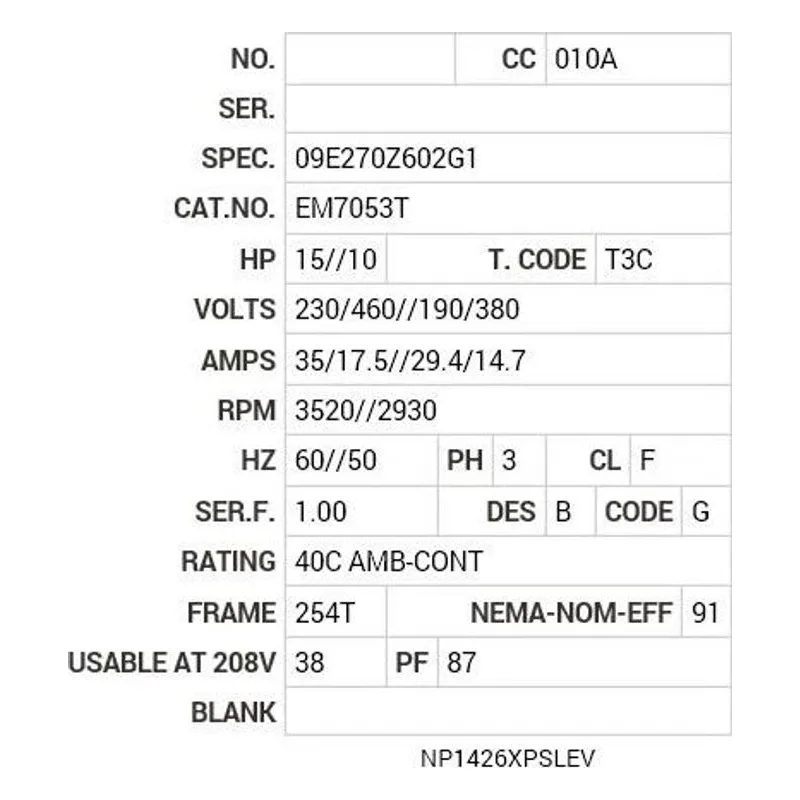 EM7053T Baldor 15//10 HP, 3520//2930 RPM, 3 PH, 60//50 HZ, 254T Motor Nameplate - view 2