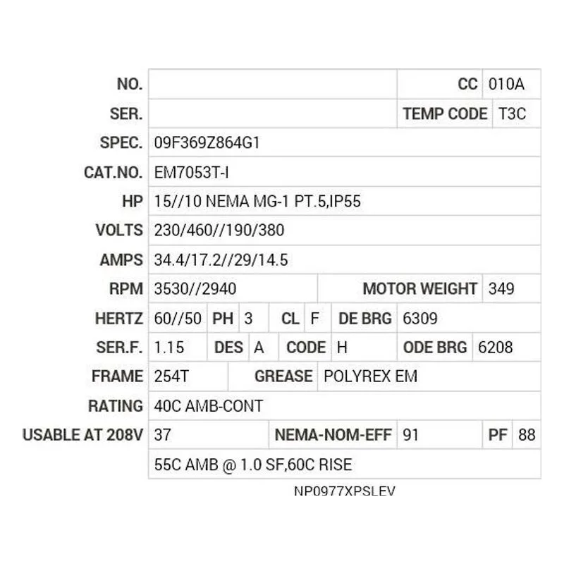 EM7053T-I Baldor 15//10 HP, 3530//2940 RPM, 3 PH, 60//50 HZ, 254T Motor Nameplate - view 2