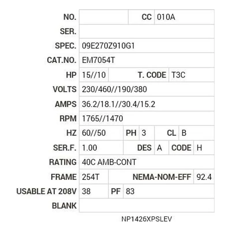 EM7054T Baldor 15//10 HP, 1765//1470 RPM, 3 PH, 60//50 HZ, 254T Motor Nameplate - view 2