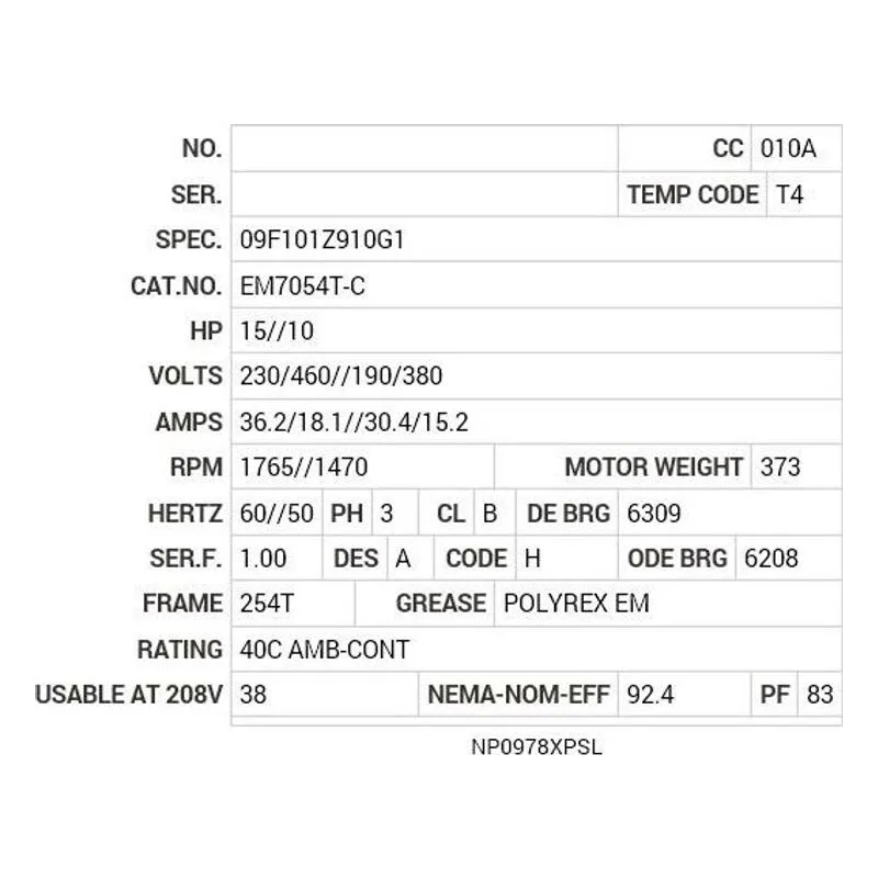 EM7054T-C Baldor 15//10 HP, 1765//1470 RPM, 3 PH, 60//50 HZ, 254T Motor Nameplate - view 2