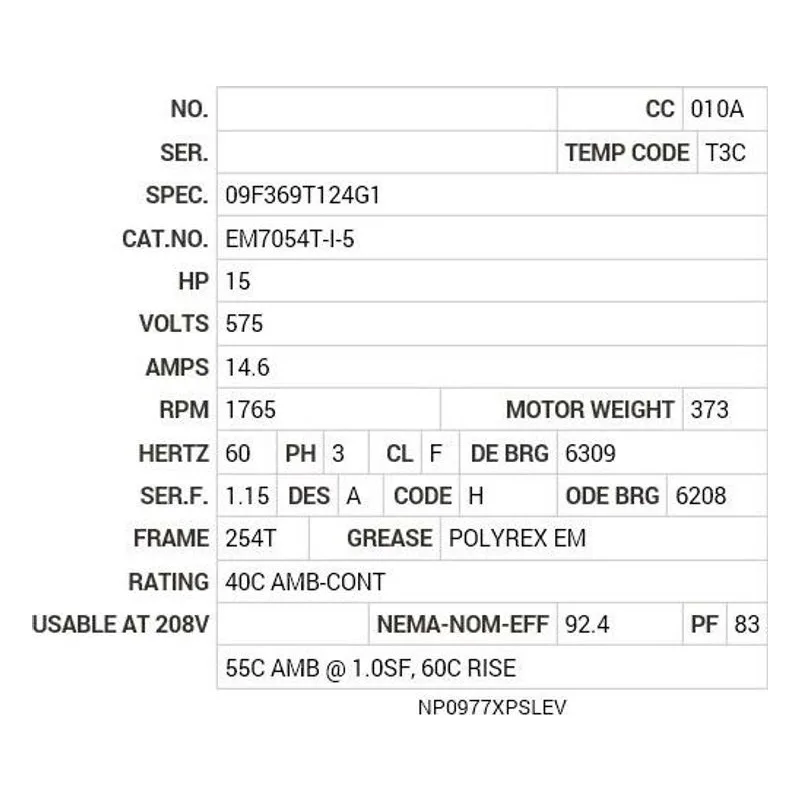 EM7054T-I-5 Baldor 15 HP, 1765 RPM, 3 PH, 60 HZ, 254T, 0944M, XPFC, F1 Motor Nameplate - view 2