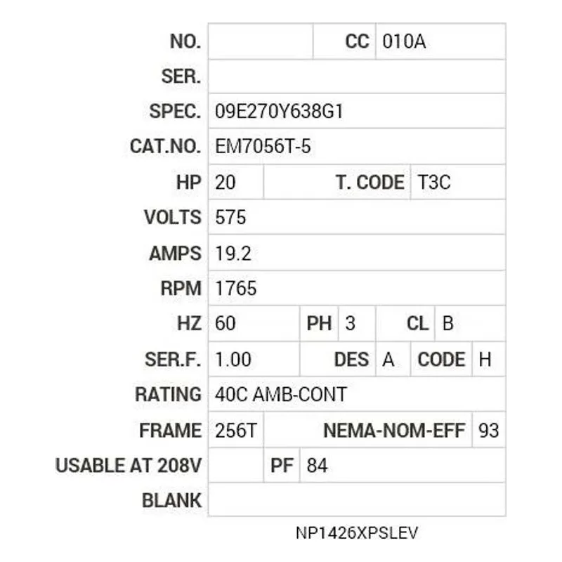 EM7056T-5 Baldor 20 HP, 1765 RPM, 3 PH, 60 HZ, 256T, 0952M, XPFC, F1 Motor Nameplate - view 2