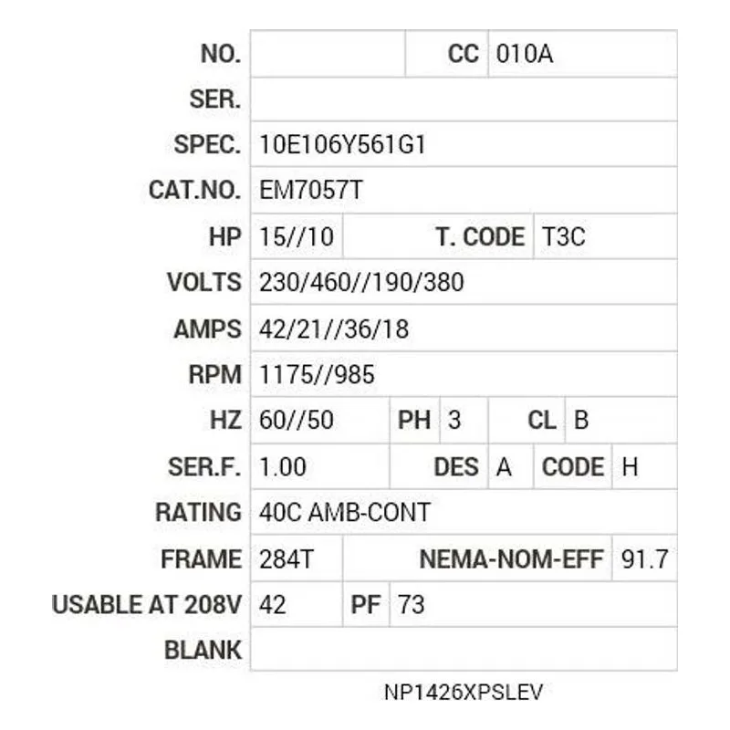 EM7057T Baldor 15//10 HP, 1175//985 RPM, 3 PH, 60//50 HZ, 284T Motor Nameplate - view 2