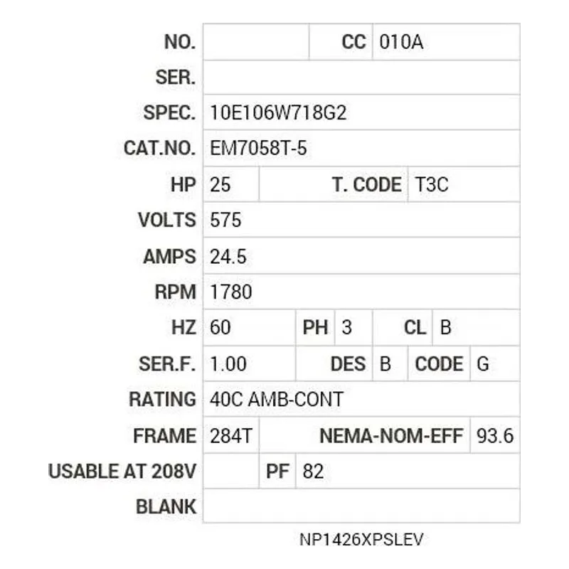EM7058T-5 Baldor 25 HP, 1780 RPM, 3 PH, 60 HZ, 284T, 1050M, XPFC, F1 Motor Nameplate - view 2