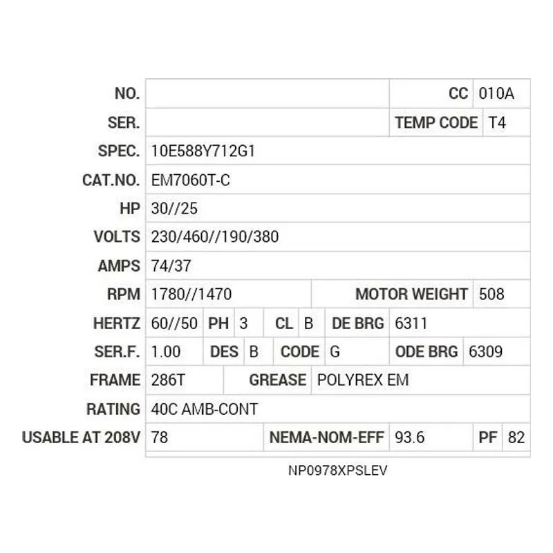 EM7060T-C Baldor 30//25 HP, 1780//1470 RPM, 3 PH, 60//50 HZ, 286T Motor Nameplate - view 2