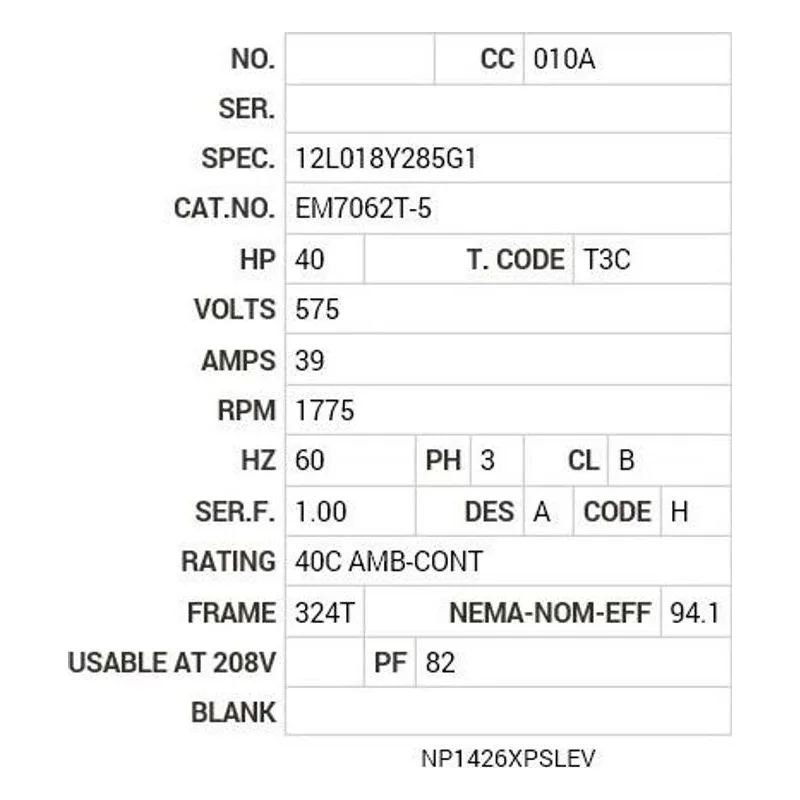 EM7062T-5 Baldor 40 HP, 1775 RPM, 3 PH, 60 HZ, 324T, 1254M, XPFC, F1 Motor Nameplate - view 2