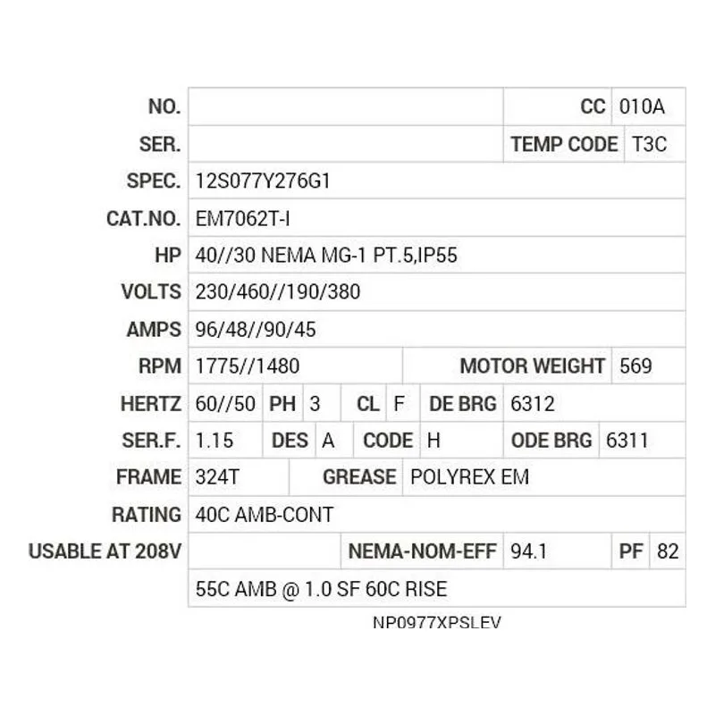 EM7062T-I Baldor 40//30 HP, 1775//1480 RPM, 3 PH, 60//50 HZ, 324T Motor Nameplate - view 2