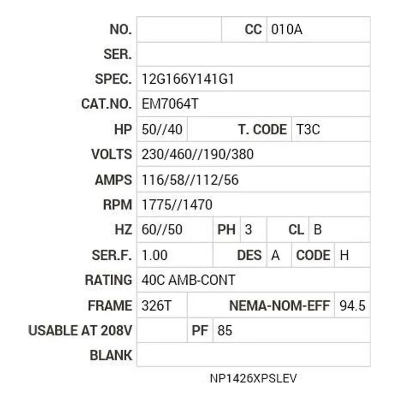 EM7064T Baldor 50//40 HP, 1775//1470 RPM, 3 PH, 60//50 HZ, 326T Motor Nameplate - view 2