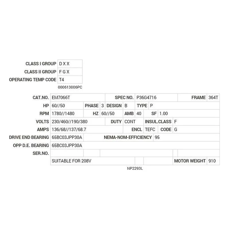 EM7066T Baldor 50/60 HP, 1475/1780 RPM, 3 PH, 50/60 HZ, 364T Motor Nameplate - view 2