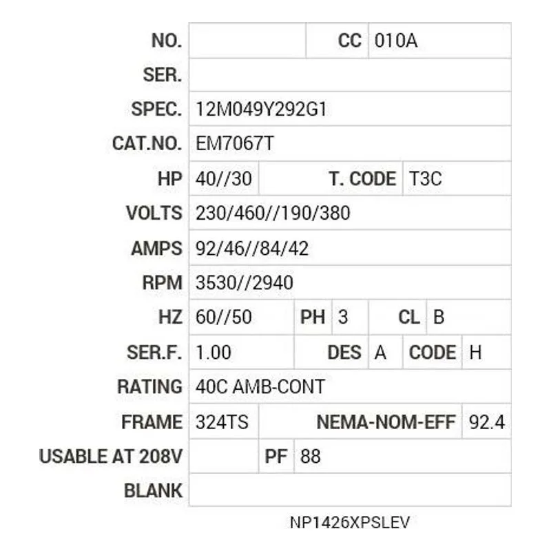 EM7067T Baldor 30//40 HP, 2950//3530 RPM, 3 PH, 50//60 HZ, 324T Motor Nameplate - view 2