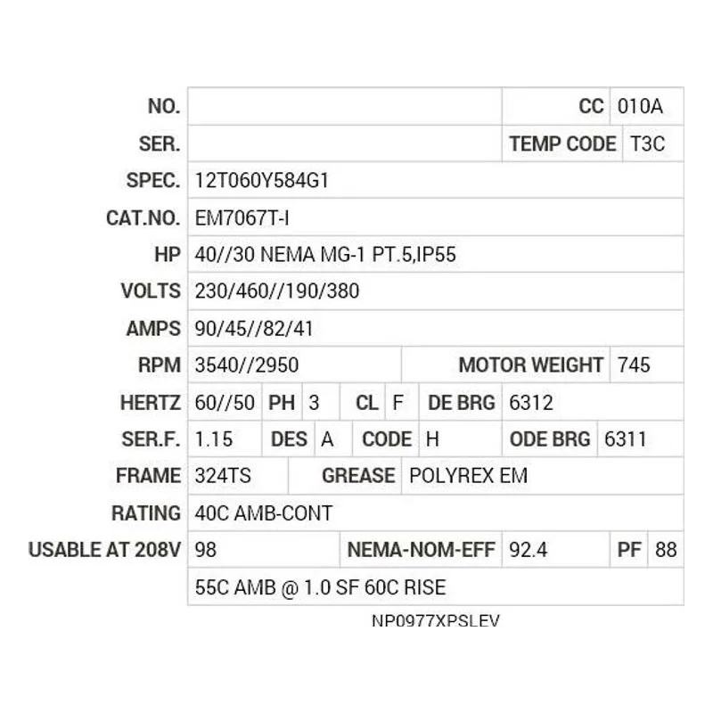 EM7067T-I Baldor 40//30 HP, 3540//2950 RPM, 3 PH, 60//50 HZ, 324T Motor Nameplate - view 2