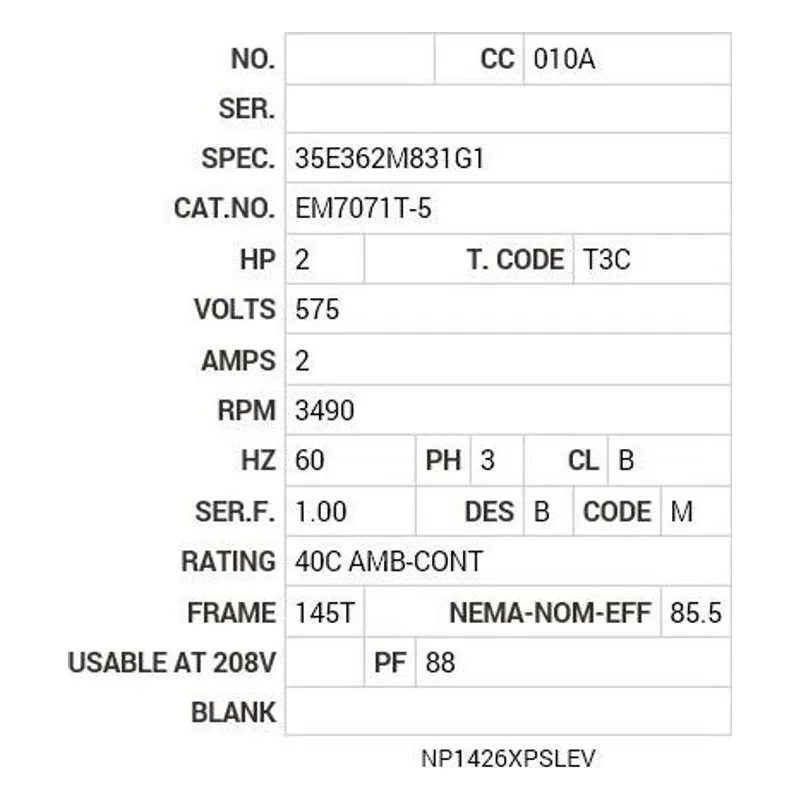 EM7071T-5 Baldor 2 HP, 3490 RPM, 3 PH, 60 HZ, 145T, 3526M, XPFC, F1 Motor Nameplate - view 2
