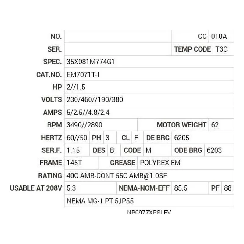 EM7071T-I Baldor 1.5//2 HP, 2890//3490 RPM, 3 PH, 50//60 HZ, 145T Motor Nameplate - view 2