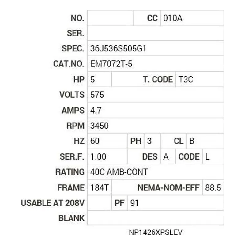 EM7072T-5 Baldor 5 HP, 3450 RPM, 3 PH, 60 HZ, 184T, 3630M, XPFC, F1 Motor Nameplate - view 2