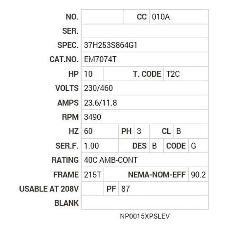 EM7074T Baldor 10 HP, 3490 RPM, 3 PH, 60 HZ, 215T, 3729M, XPFC, F1 Motor Nameplate - view 2