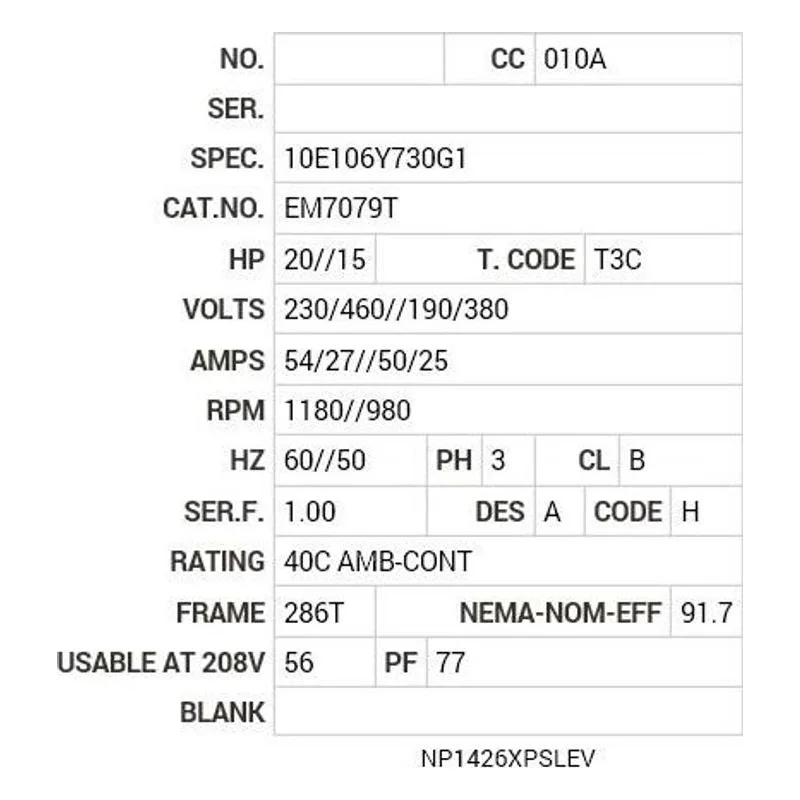 EM7079T Baldor 15//20 HP, 980//1180 RPM, 3 PH, 50//60 HZ, 286T Motor Nameplate - view 2