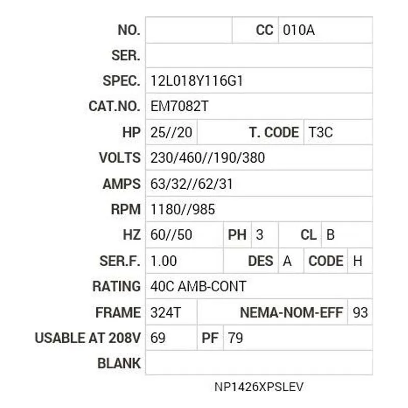 EM7082T Baldor 25//20 HP, 1180//985 RPM, 3 PH, 60//50 HZ, 324T Motor Nameplate - view 2