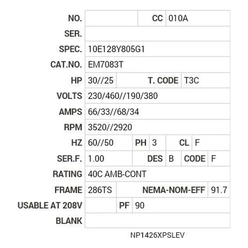 EM7083T Baldor 30//25 HP, 3520//2920 RPM, 3 PH, 60//50 HZ, 286T Motor Nameplate - view 2