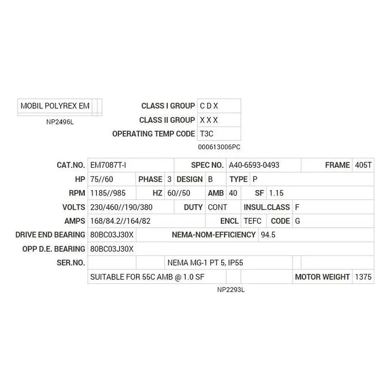 EM7087T-I Baldor 75//60 HP, 1185//985 RPM, 3 PH, 60//50 HZ, 405T Motor Nameplate - view 2