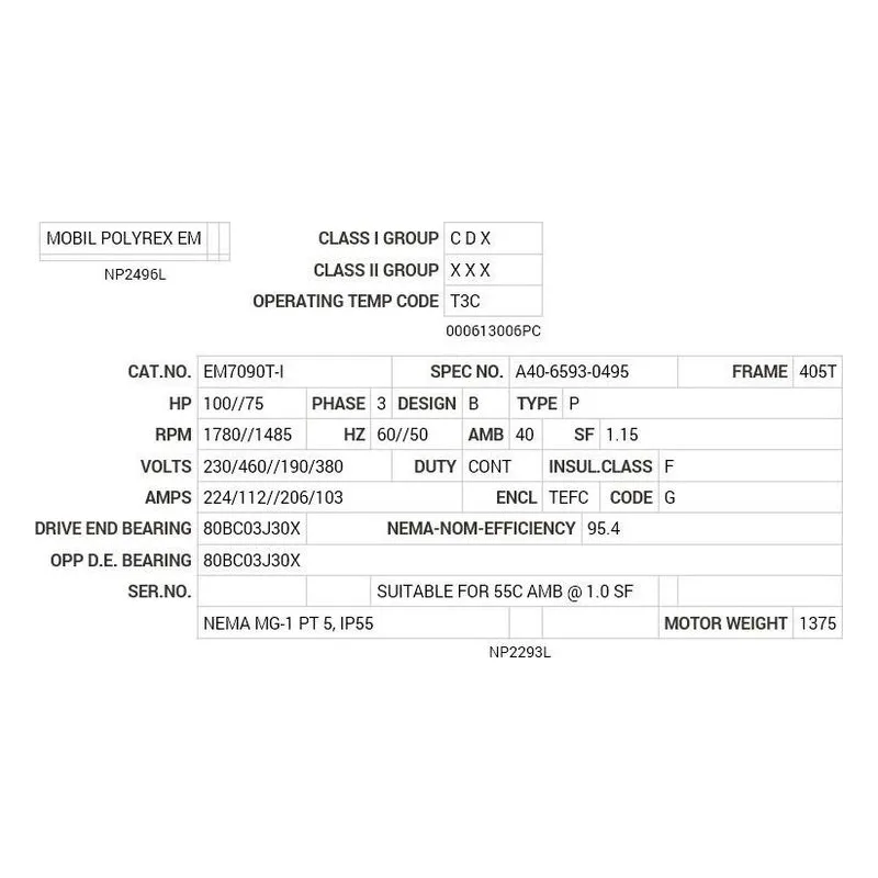 EM7090T-I Baldor 100//75 HP, 1780//1485 RPM, 3 PH, 60//50 HZ, 405 Motor Nameplate - view 2