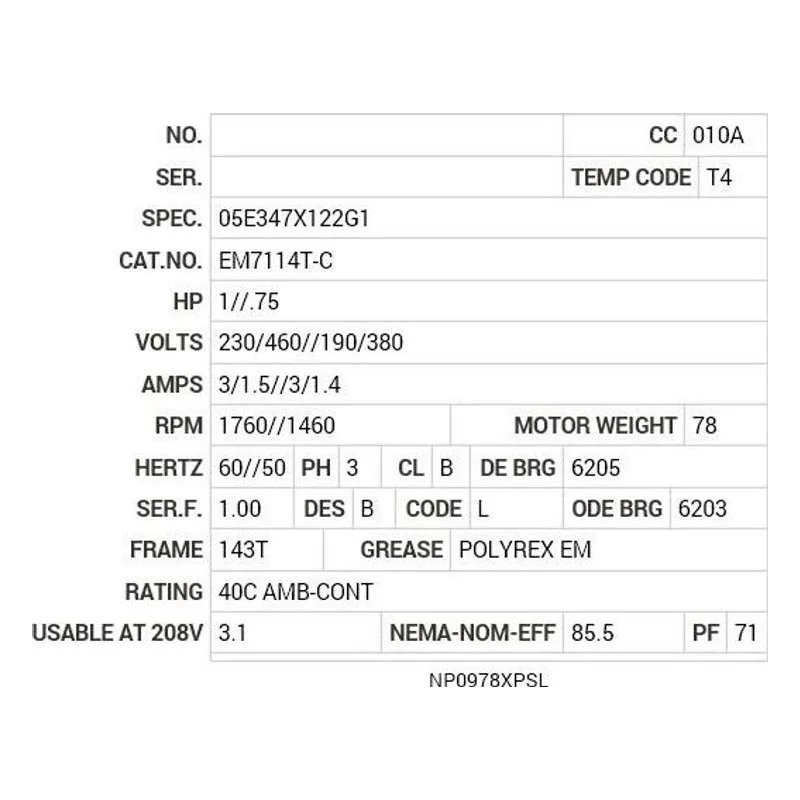 EM7114T-C Baldor 1//.75 HP, 1760//1460 RPM, 3 PH, 60//50 HZ, 143T Motor Nameplate - view 2