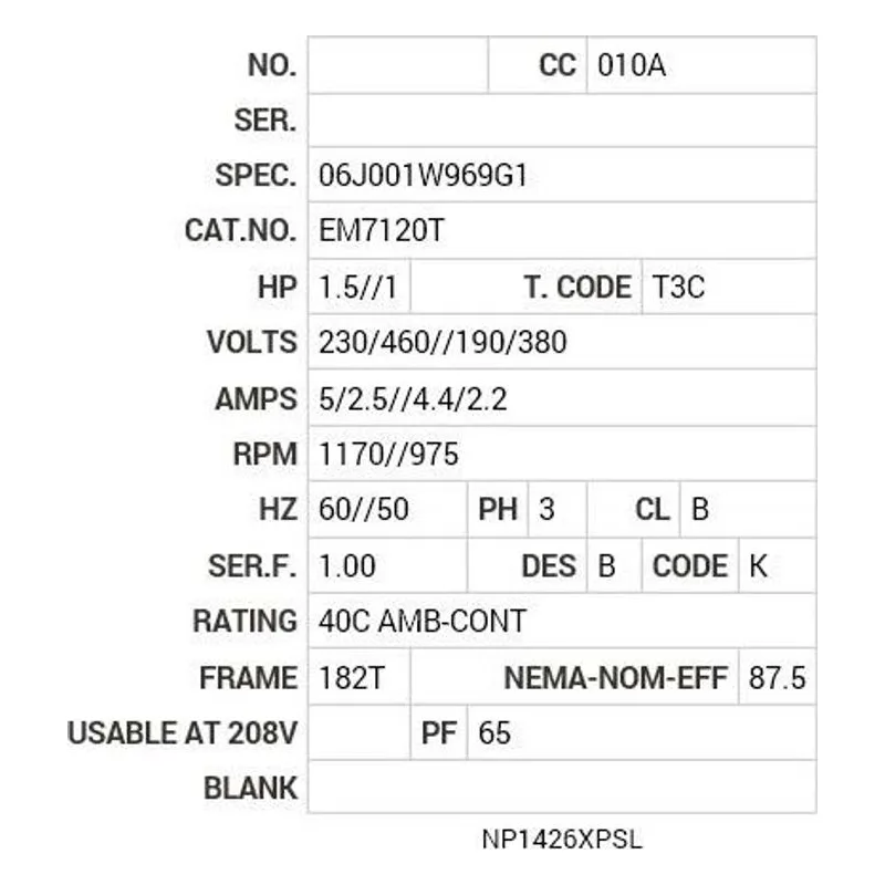 EM7120T Baldor 1//1.5 HP, 975//1170 RPM, 3 PH, 50//60 HZ, 182T Motor Nameplate - view 2