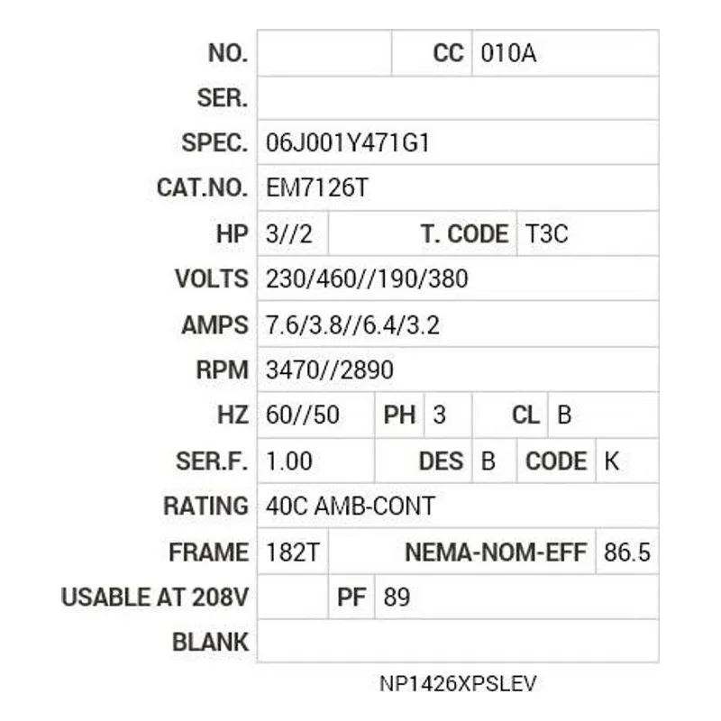 EM7126T Baldor 3//2 HP, 3470//2890 RPM, 3 PH, 60//50 HZ, 182T, 0 Motor Nameplate - view 2