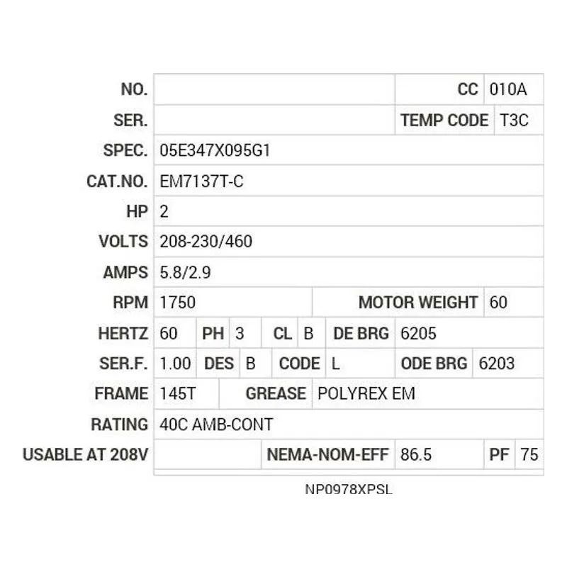 EM7137T-C Baldor 2 HP, 1750 RPM, 3 PH, 60 HZ, 145T, 0527M, XPFC, F1 Motor Nameplate - view 2