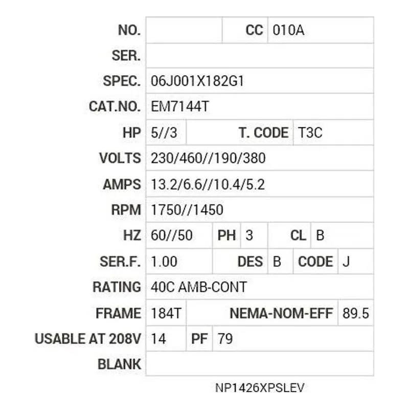EM7144T Baldor 5HP/1750 RPM/3PH/XPFC/NEMA 184T Motor Nameplate - view 2