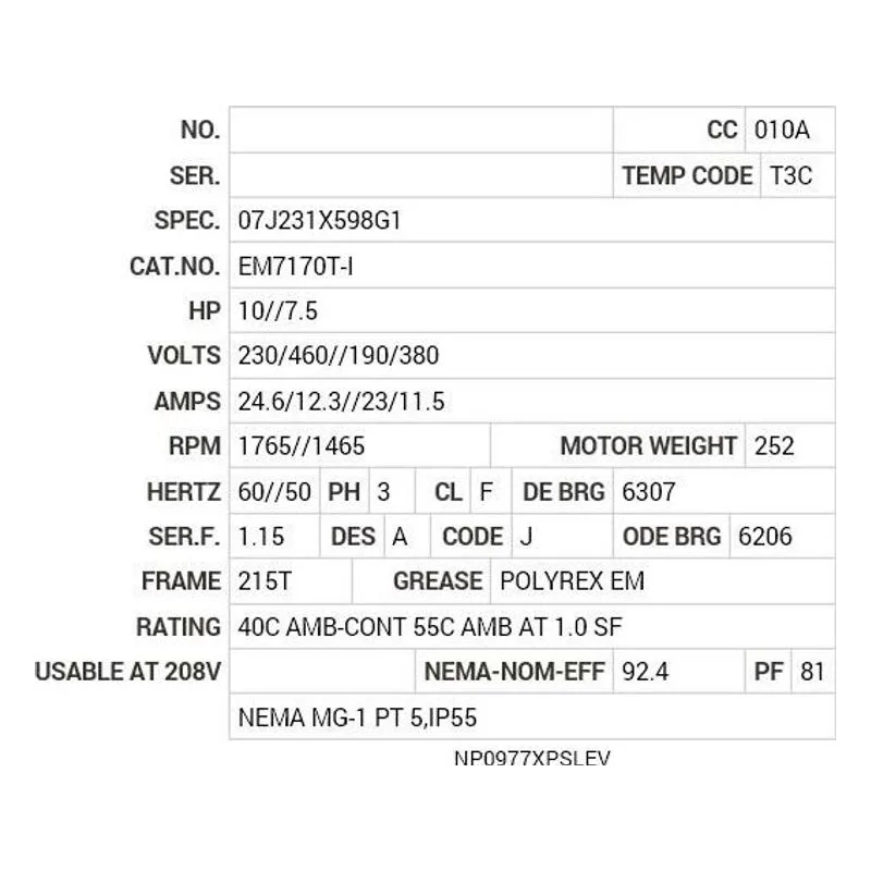 EM7170T-I Baldor 10//7.5 HP, 1765//1465 RPM, 3 PH, 60//50 HZ, 215 Motor Nameplate - view 2