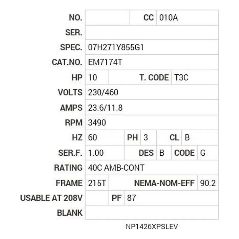 EM7174T Baldor 10 HP, 3490 RPM, 3 PH, 60 HZ, 215T, 0729M, XPFC, F1 Motor Nameplate - view 2
