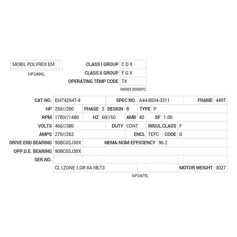 EM74254T-4 Baldor 250//200 HP, 1780//1480 RPM, 3 PH, 60//50 HZ, 44 Motor Nameplate - view 2