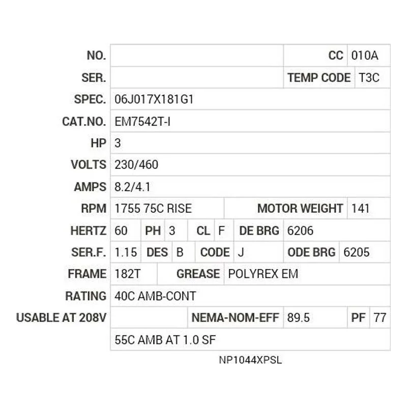 EM7542T-I Baldor 3 HP, 1755 RPM 75C RISE 3 PH, 60 HZ, 182T, 0632M Motor Nameplate - view 2